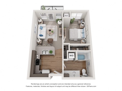 Floor plan for 1 bed, 1 bath, 619 sqft